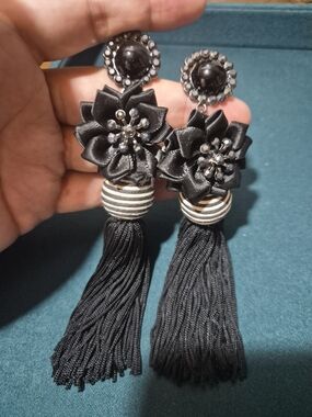 Black Floral Tassel Statement Earrings with Crystal Accents